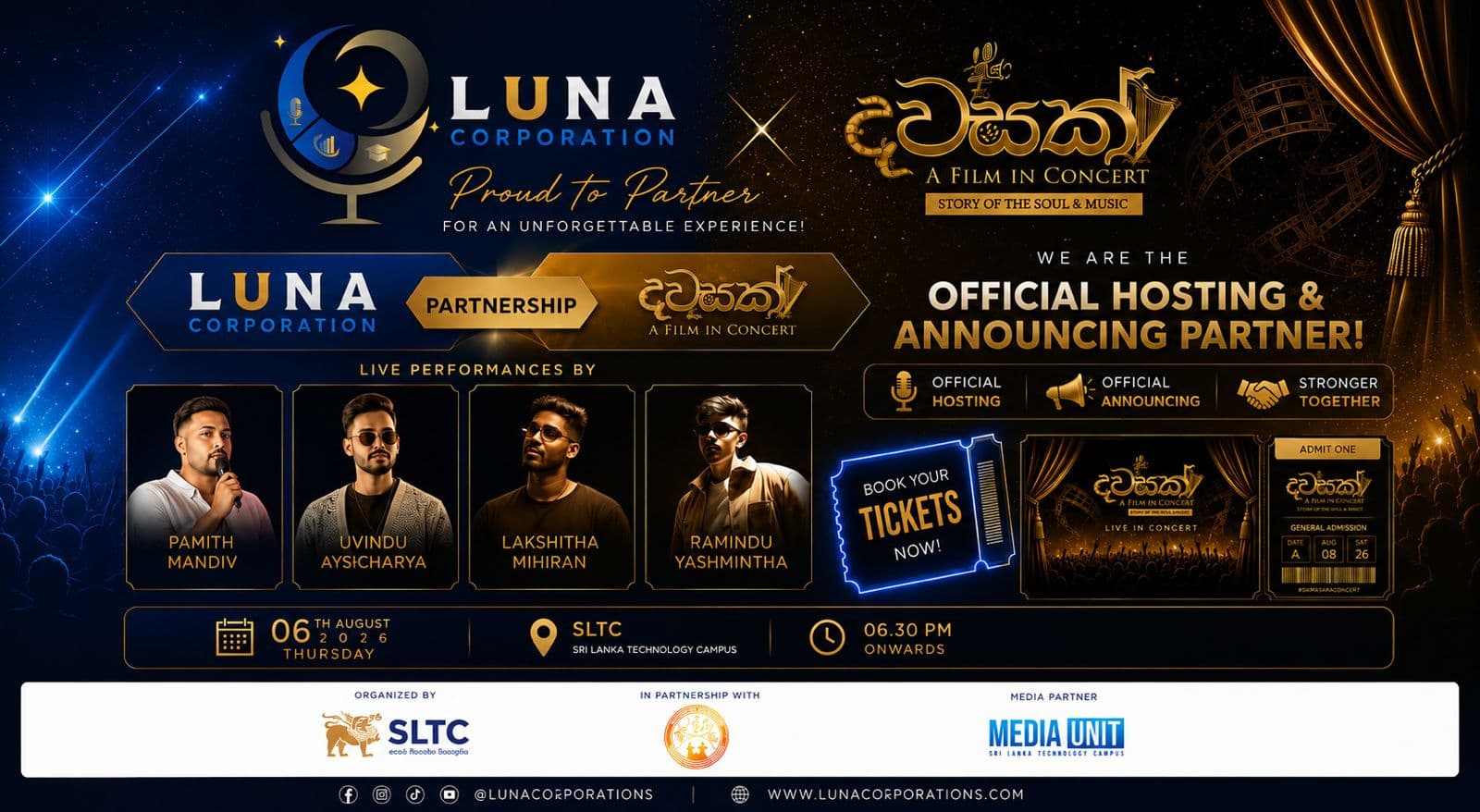 Dawasak A Film in Concert event poster featuring performers Pamith Mandiv, Uvindu Ayscharya, Lakshitha Mihiran and Ramindu Yashmintha